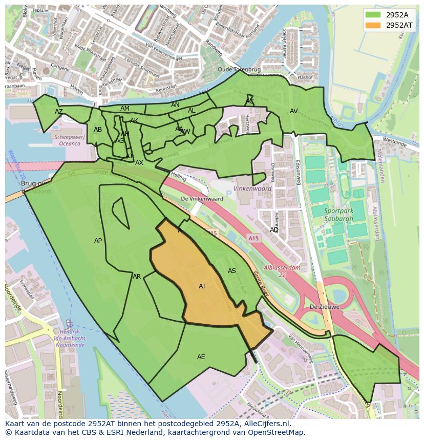 Afbeelding van het postcodegebied 2952 AT op de kaart.