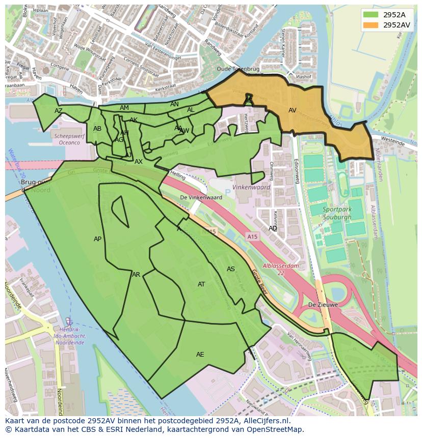 Afbeelding van het postcodegebied 2952 AV op de kaart.