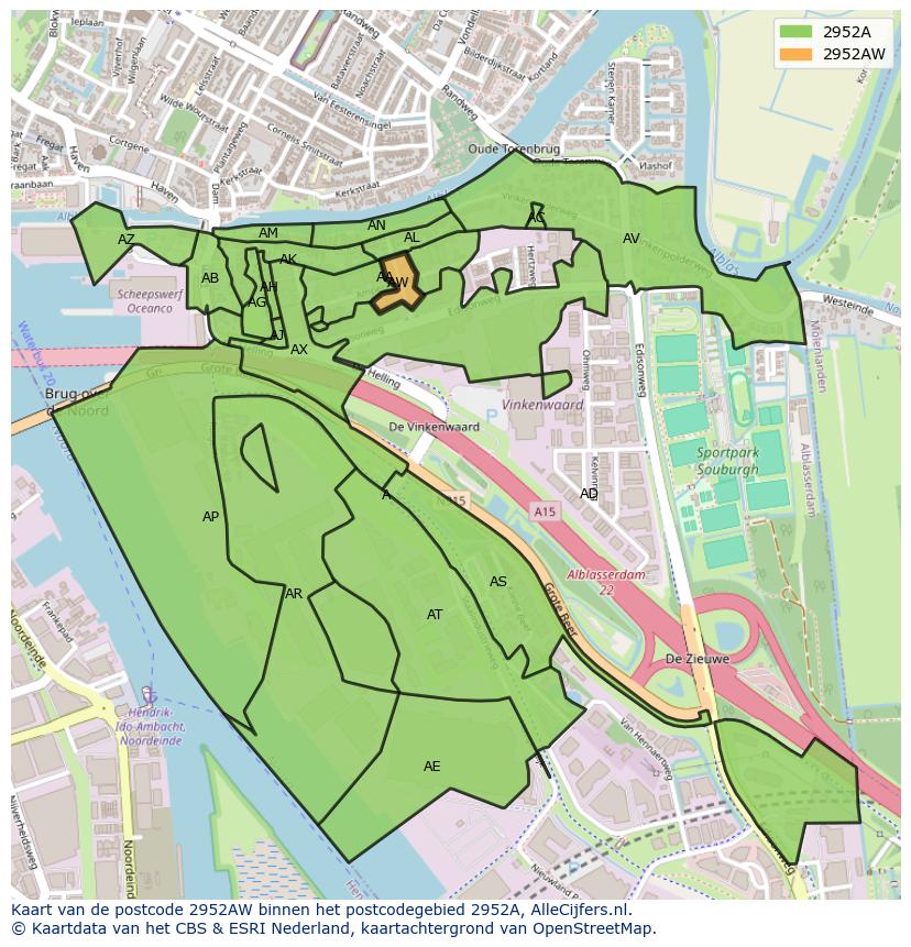 Afbeelding van het postcodegebied 2952 AW op de kaart.