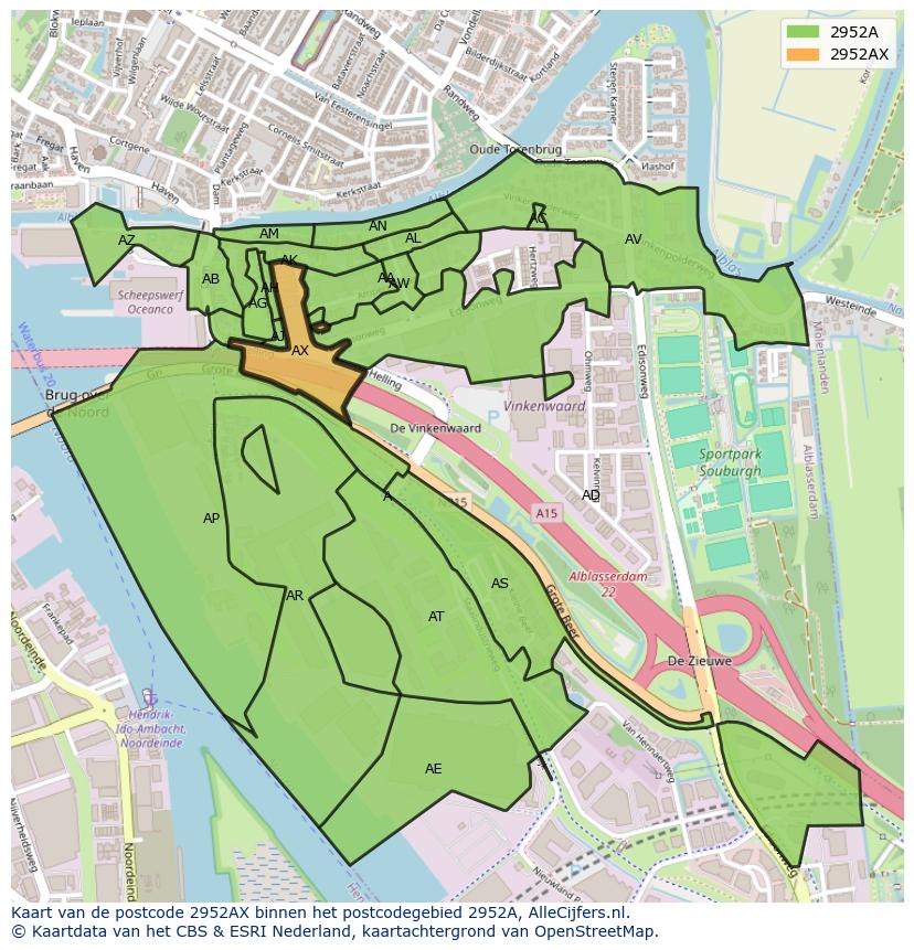 Afbeelding van het postcodegebied 2952 AX op de kaart.