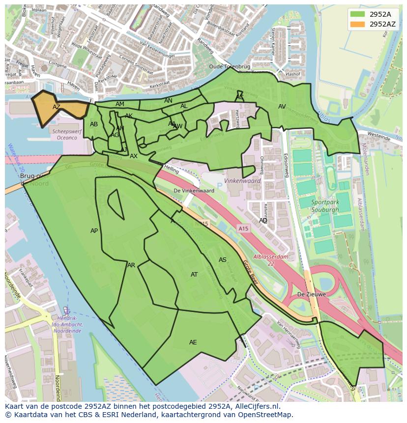 Afbeelding van het postcodegebied 2952 AZ op de kaart.