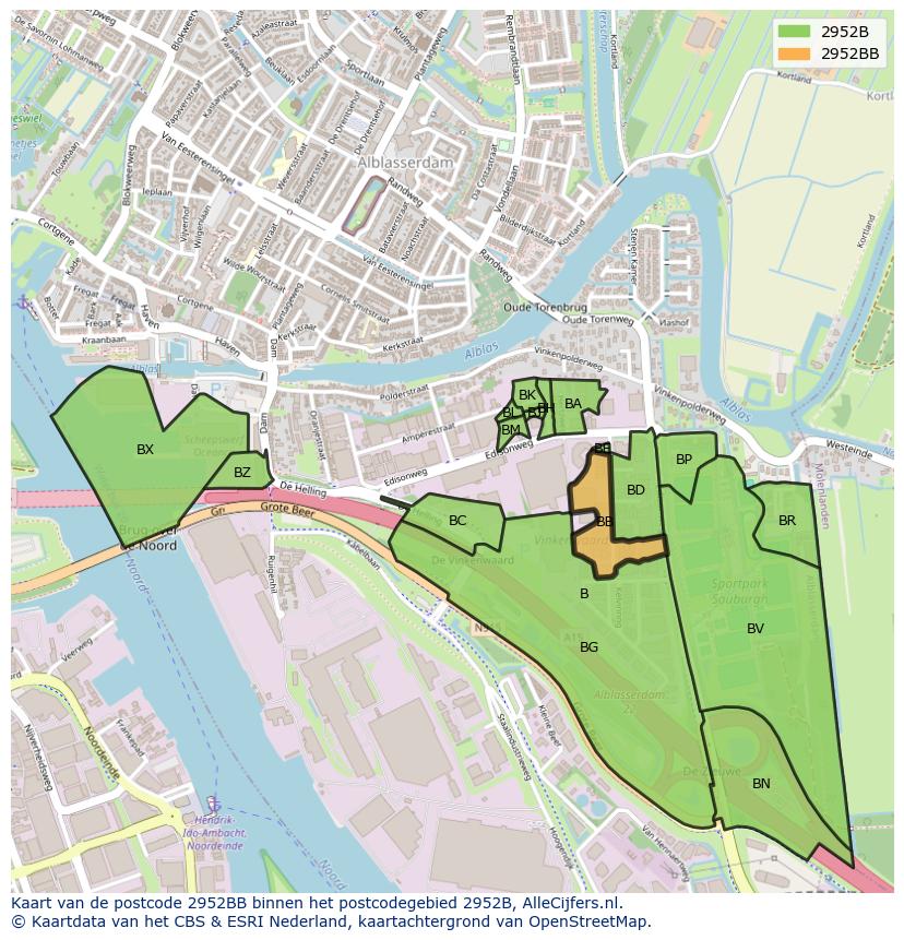 Afbeelding van het postcodegebied 2952 BB op de kaart.