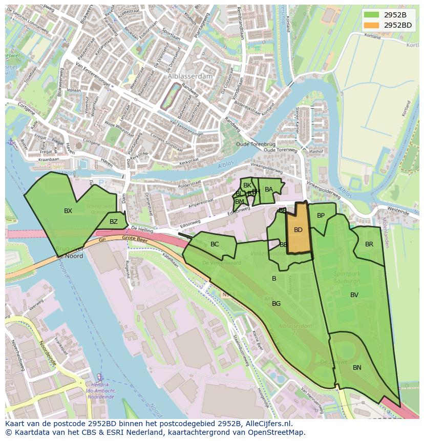 Afbeelding van het postcodegebied 2952 BD op de kaart.