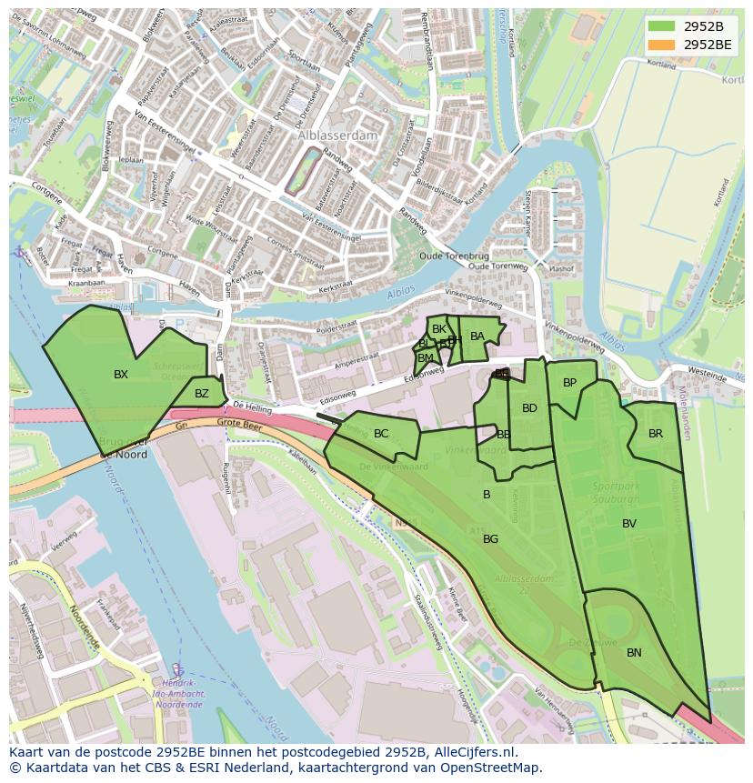 Afbeelding van het postcodegebied 2952 BE op de kaart.