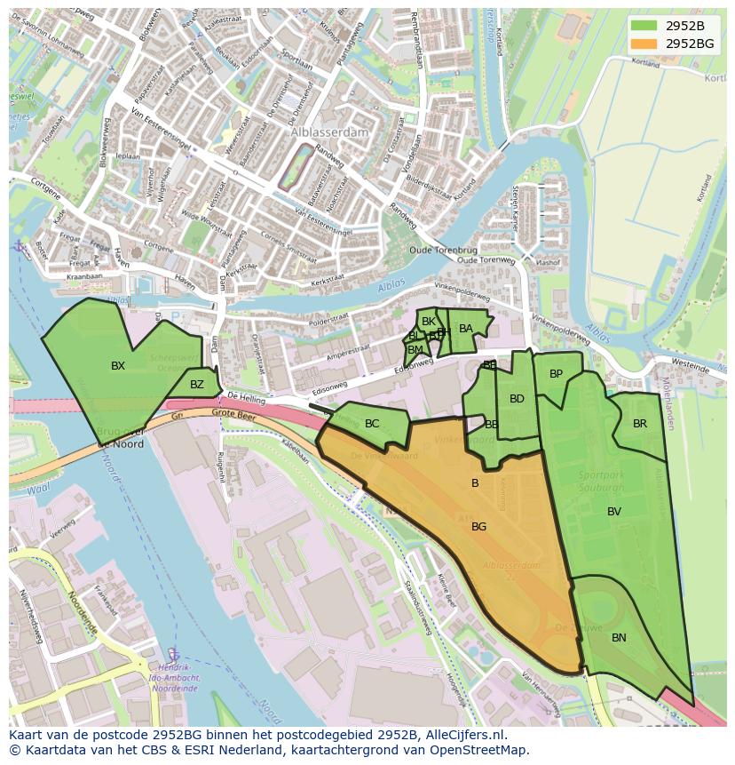 Afbeelding van het postcodegebied 2952 BG op de kaart.