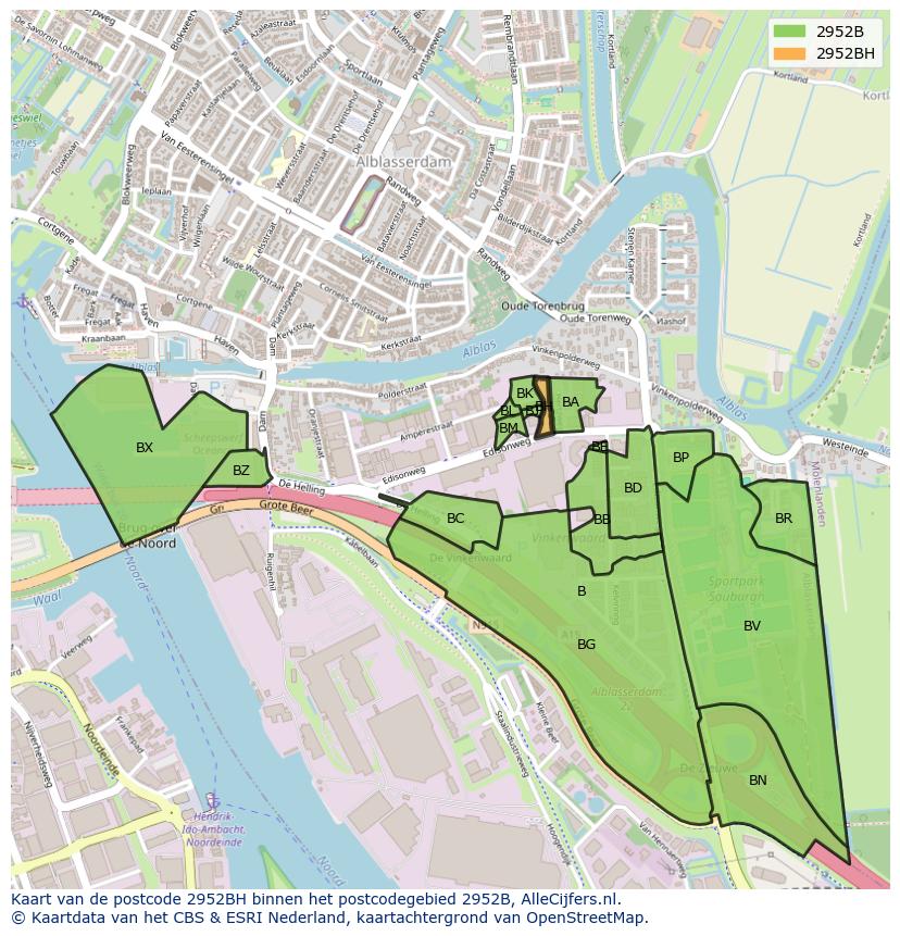 Afbeelding van het postcodegebied 2952 BH op de kaart.