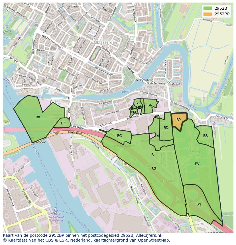 Afbeelding van het postcodegebied 2952 BP op de kaart.