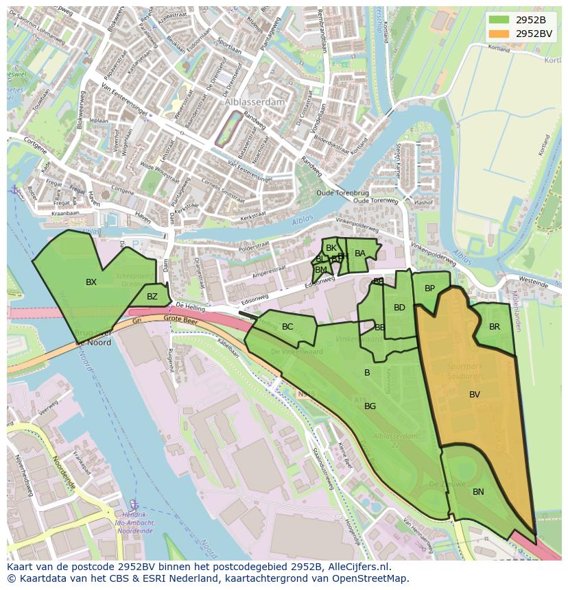 Afbeelding van het postcodegebied 2952 BV op de kaart.