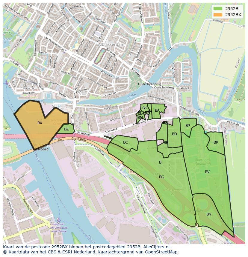Afbeelding van het postcodegebied 2952 BX op de kaart.