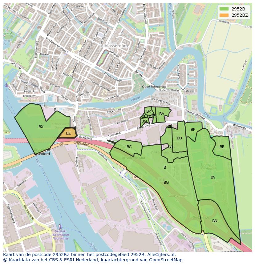 Afbeelding van het postcodegebied 2952 BZ op de kaart.