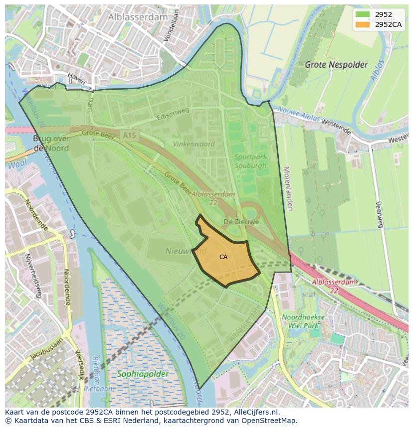 Afbeelding van het postcodegebied 2952 CA op de kaart.