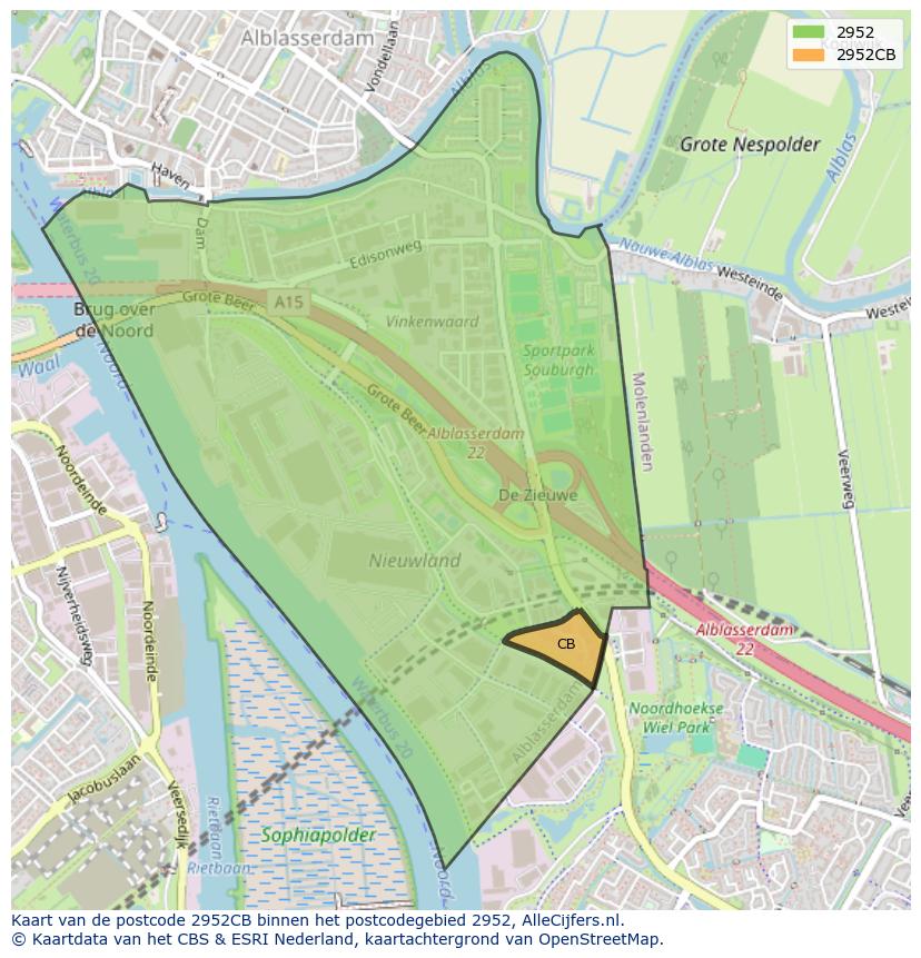 Afbeelding van het postcodegebied 2952 CB op de kaart.