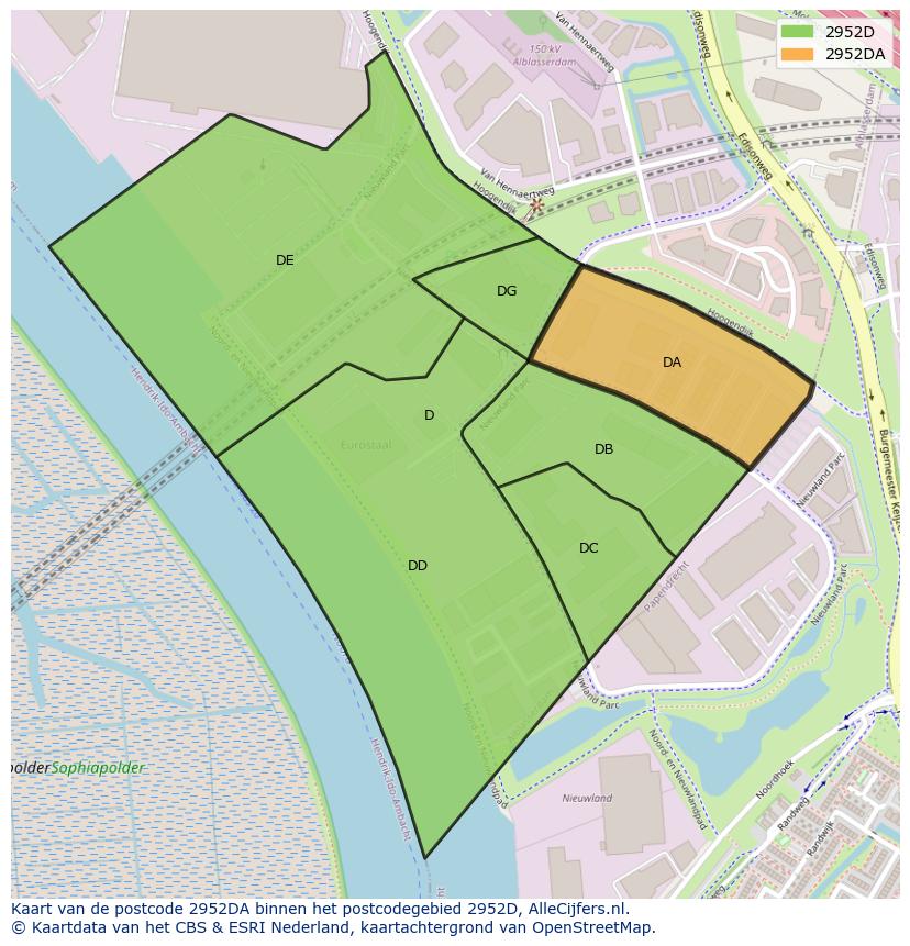 Afbeelding van het postcodegebied 2952 DA op de kaart.