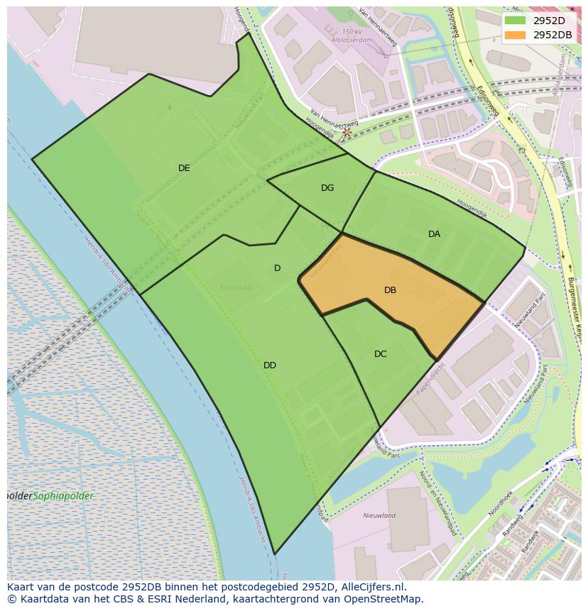 Afbeelding van het postcodegebied 2952 DB op de kaart.