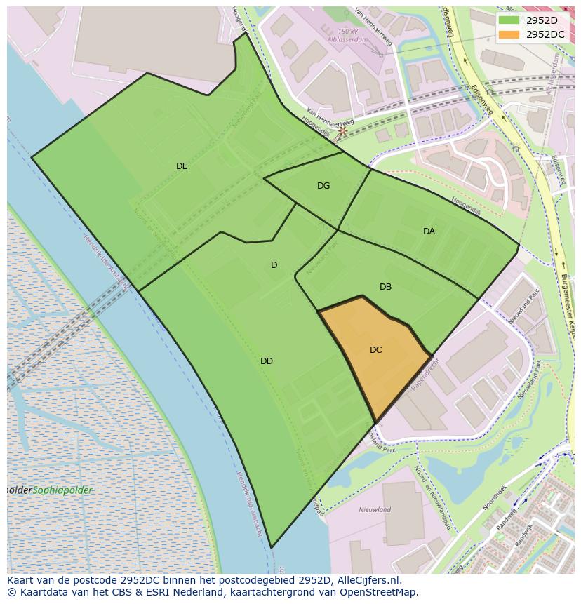 Afbeelding van het postcodegebied 2952 DC op de kaart.