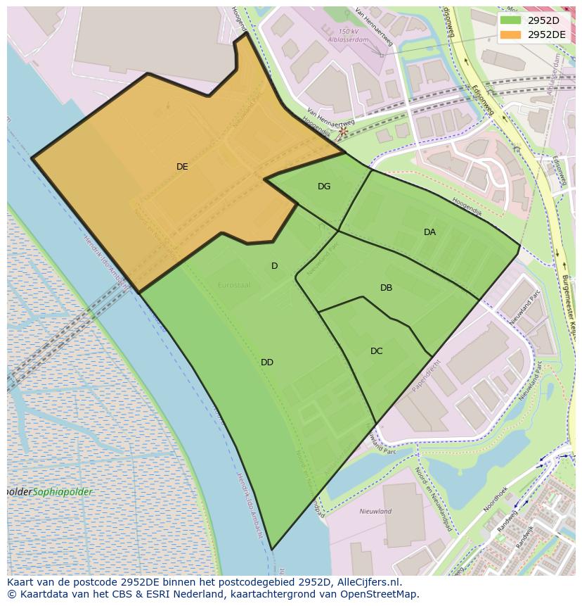 Afbeelding van het postcodegebied 2952 DE op de kaart.