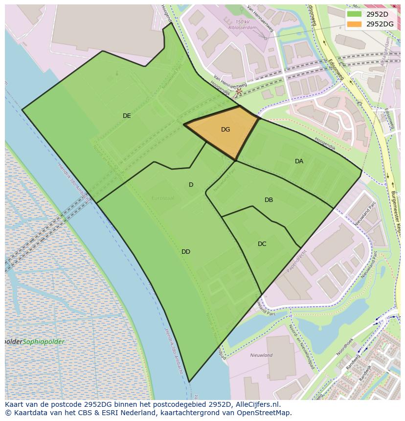 Afbeelding van het postcodegebied 2952 DG op de kaart.