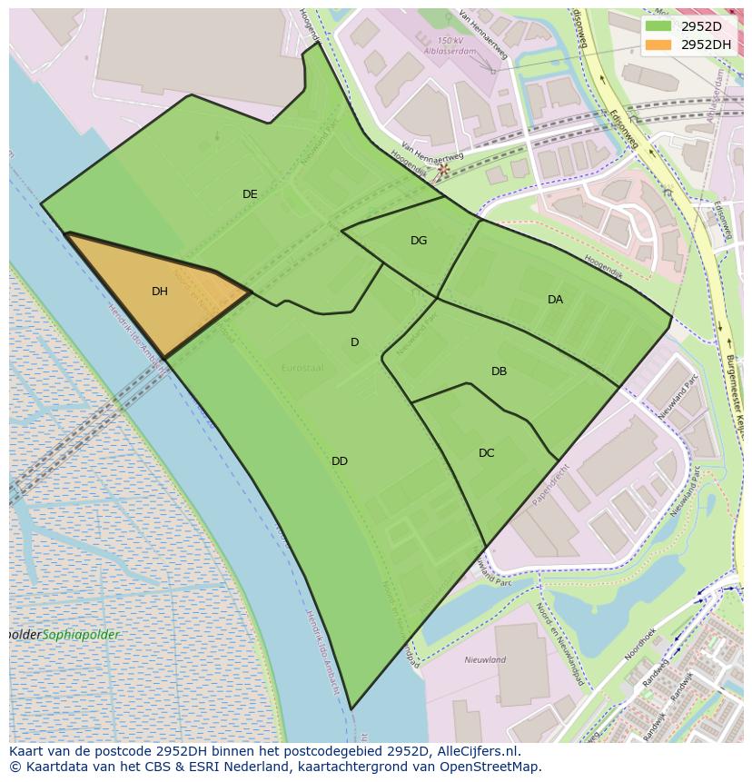 Afbeelding van het postcodegebied 2952 DH op de kaart.
