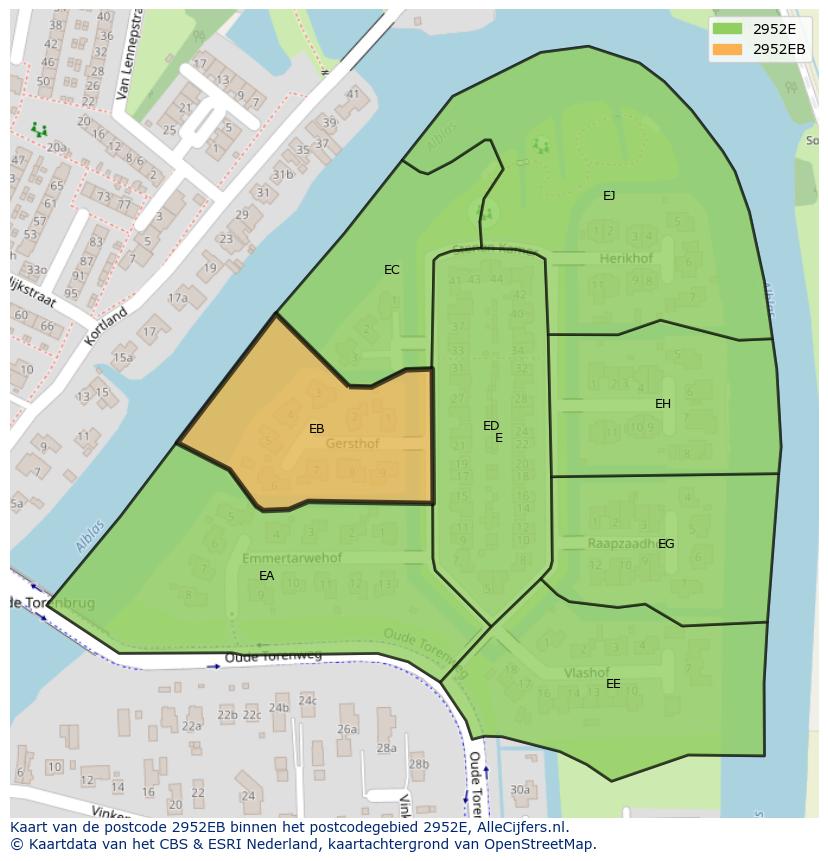 Afbeelding van het postcodegebied 2952 EB op de kaart.