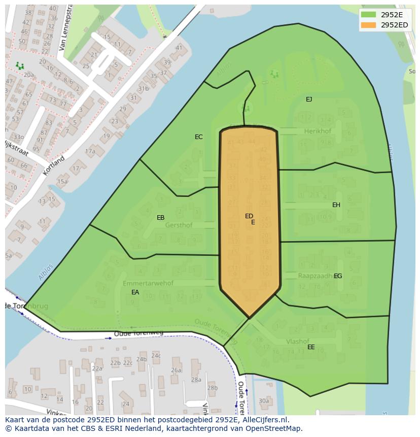 Afbeelding van het postcodegebied 2952 ED op de kaart.