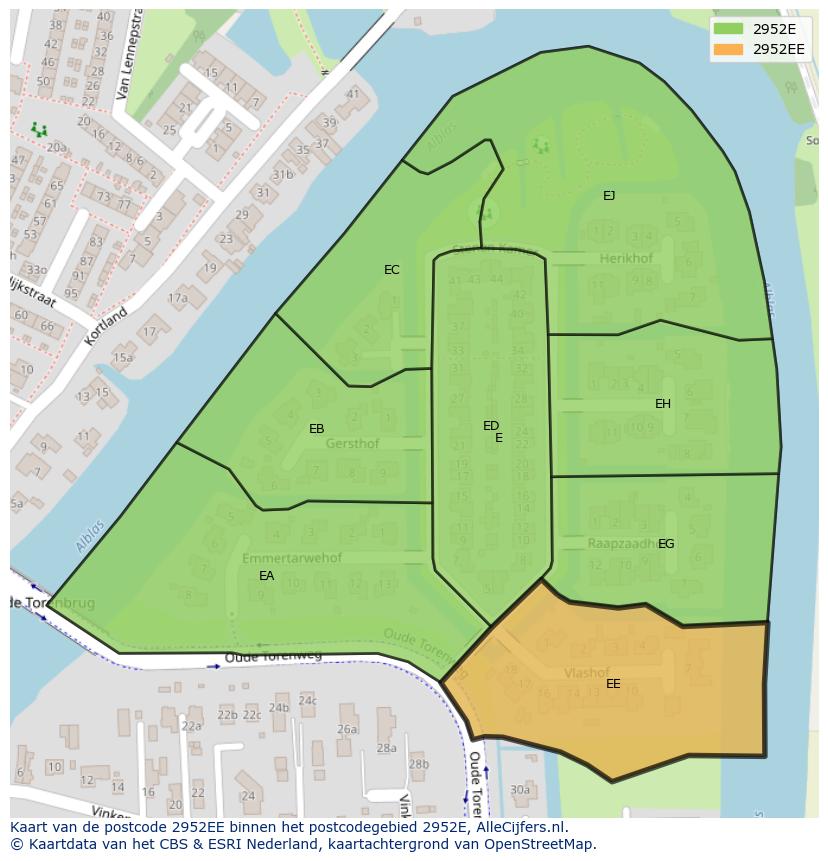 Afbeelding van het postcodegebied 2952 EE op de kaart.