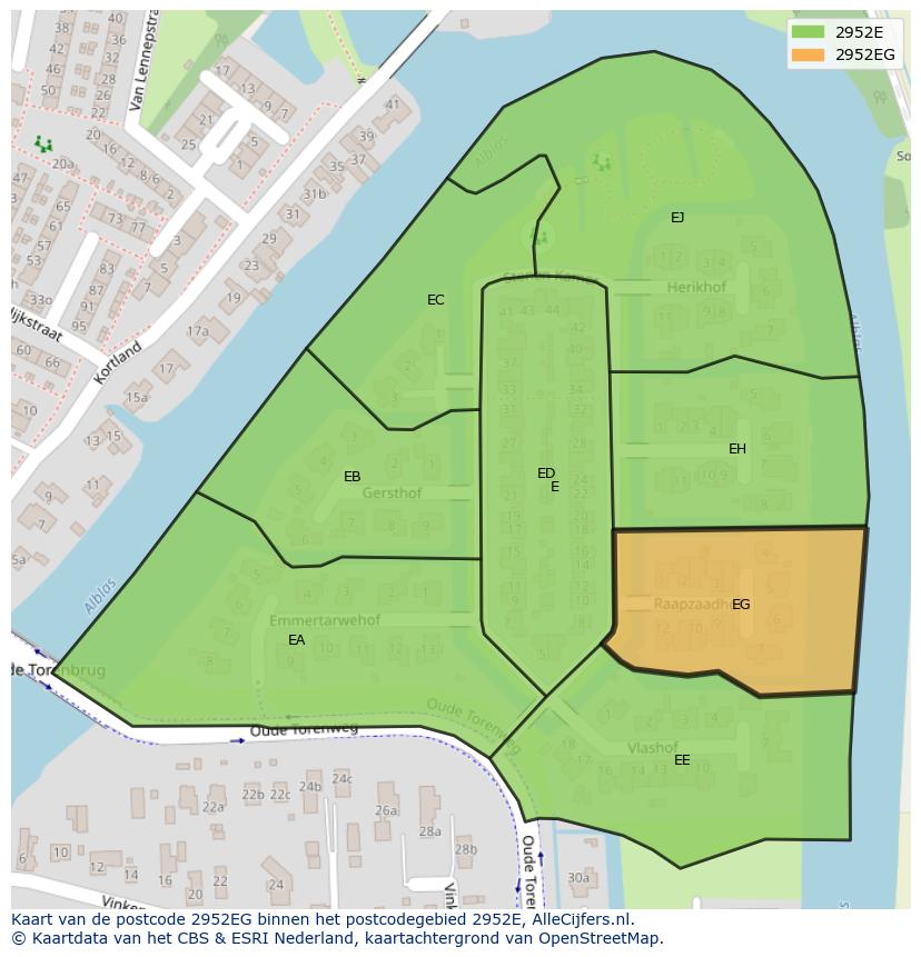 Afbeelding van het postcodegebied 2952 EG op de kaart.