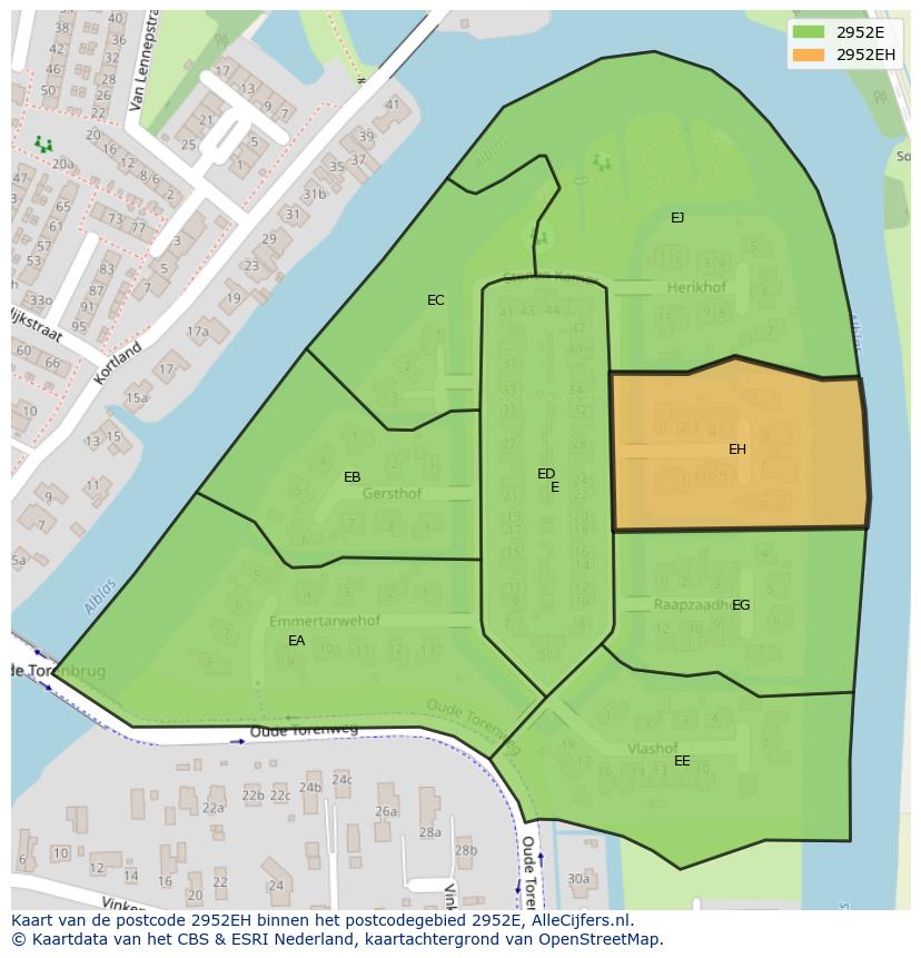 Afbeelding van het postcodegebied 2952 EH op de kaart.