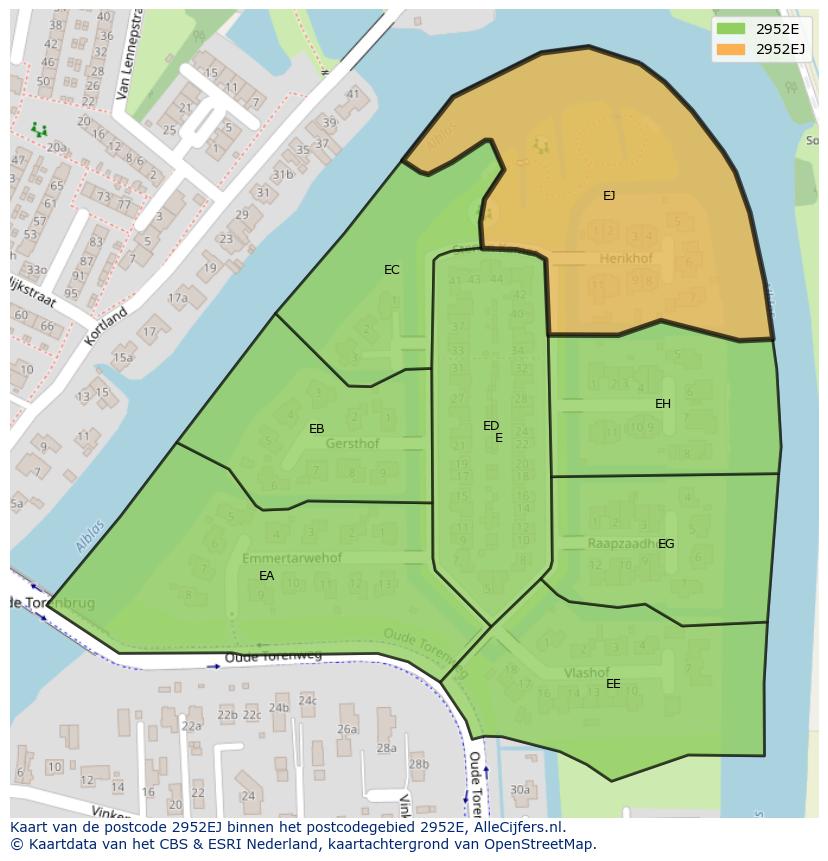 Afbeelding van het postcodegebied 2952 EJ op de kaart.