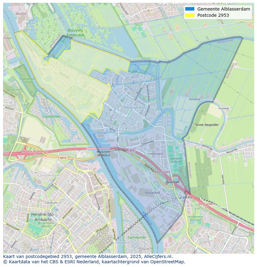 Afbeelding van het postcodegebied 2953 op de kaart.
