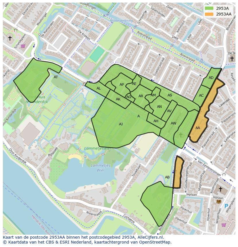 Afbeelding van het postcodegebied 2953 AA op de kaart.
