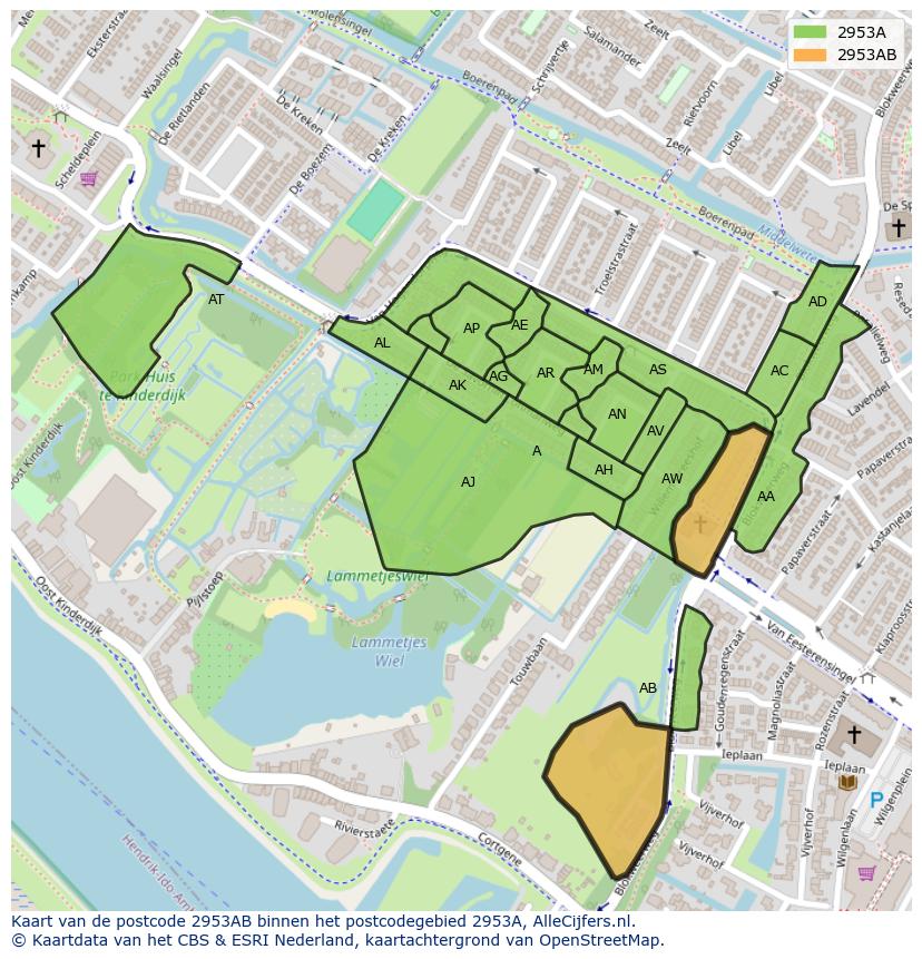 Afbeelding van het postcodegebied 2953 AB op de kaart.