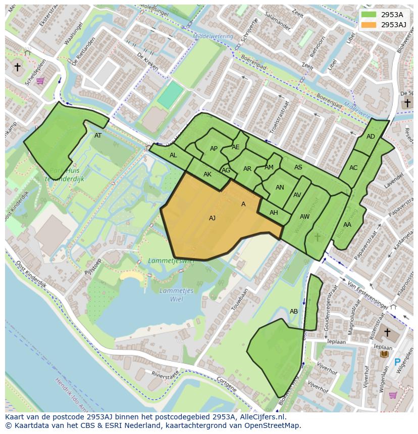 Afbeelding van het postcodegebied 2953 AJ op de kaart.