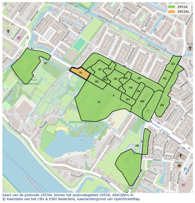 Afbeelding van het postcodegebied 2953 AL op de kaart.