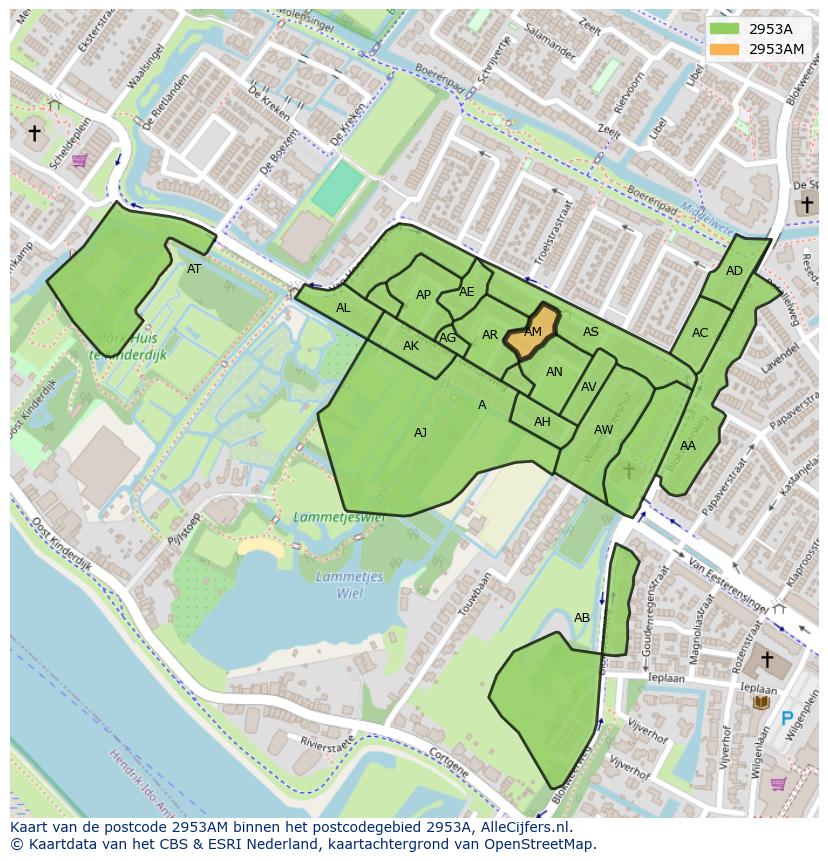 Afbeelding van het postcodegebied 2953 AM op de kaart.
