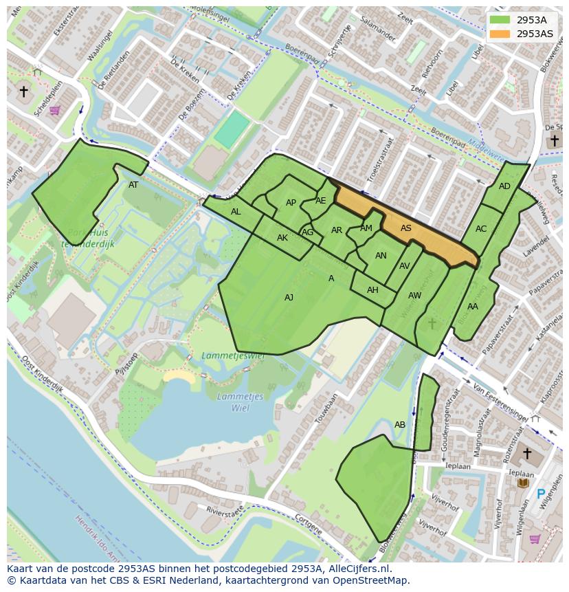 Afbeelding van het postcodegebied 2953 AS op de kaart.
