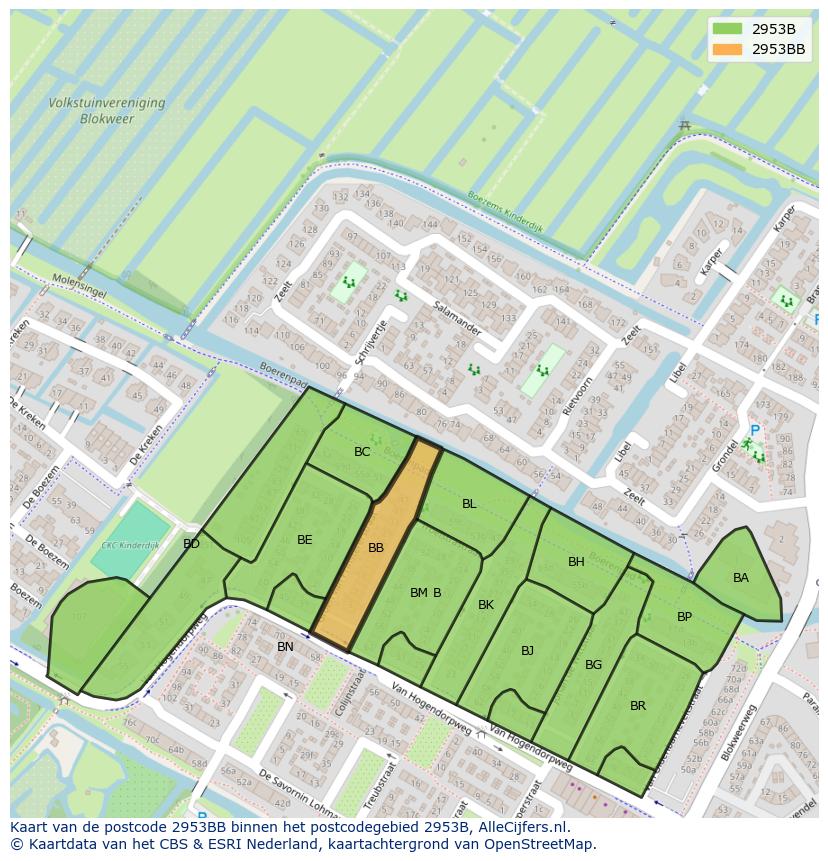 Afbeelding van het postcodegebied 2953 BB op de kaart.