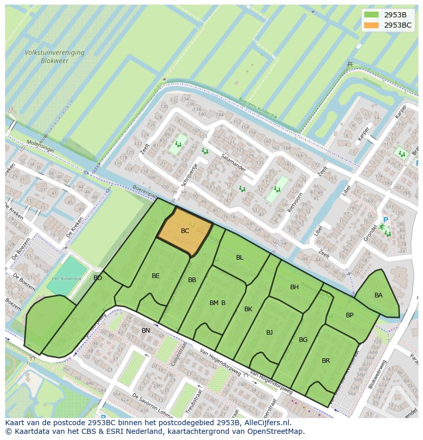 Afbeelding van het postcodegebied 2953 BC op de kaart.