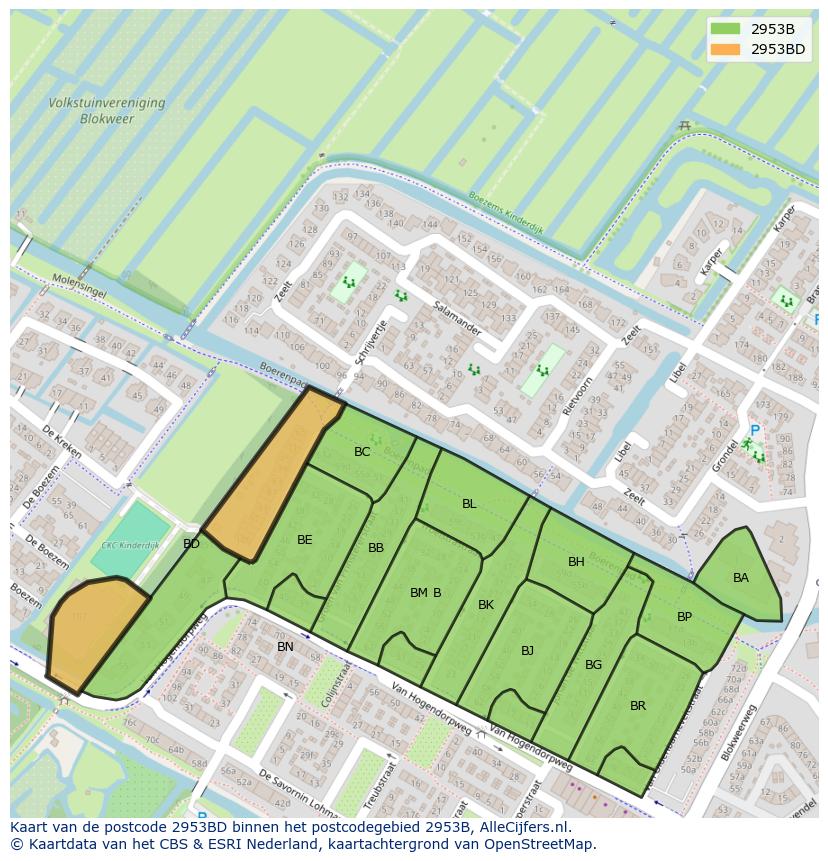 Afbeelding van het postcodegebied 2953 BD op de kaart.