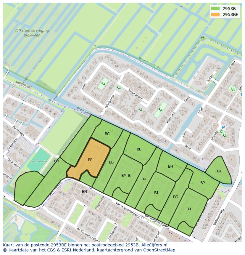 Afbeelding van het postcodegebied 2953 BE op de kaart.
