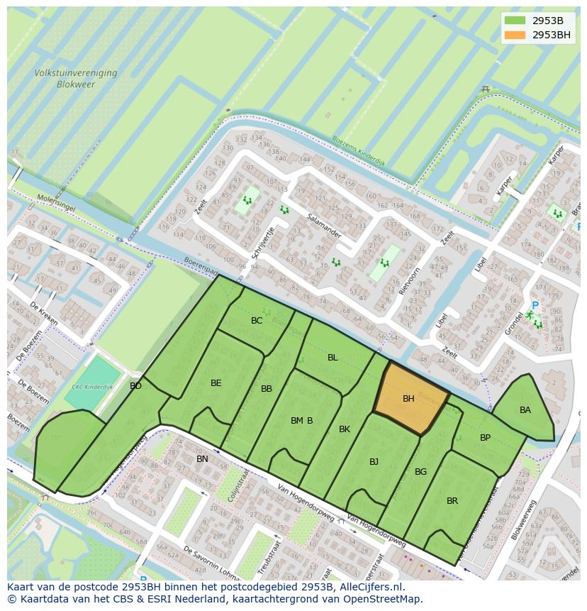 Afbeelding van het postcodegebied 2953 BH op de kaart.
