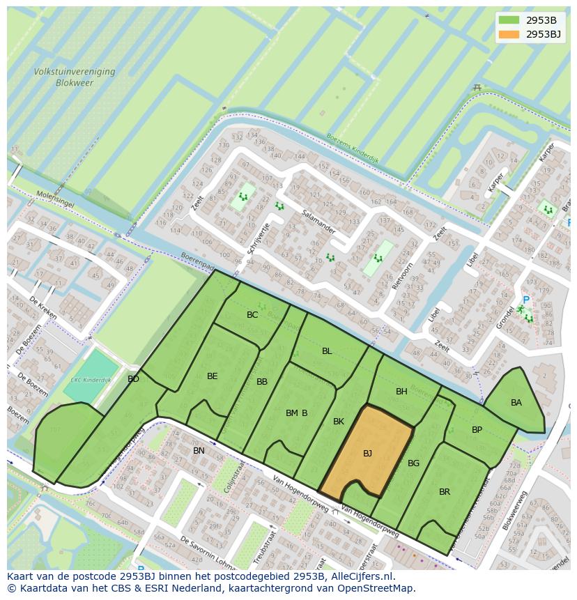 Afbeelding van het postcodegebied 2953 BJ op de kaart.