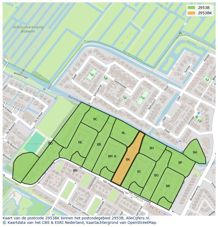 Afbeelding van het postcodegebied 2953 BK op de kaart.