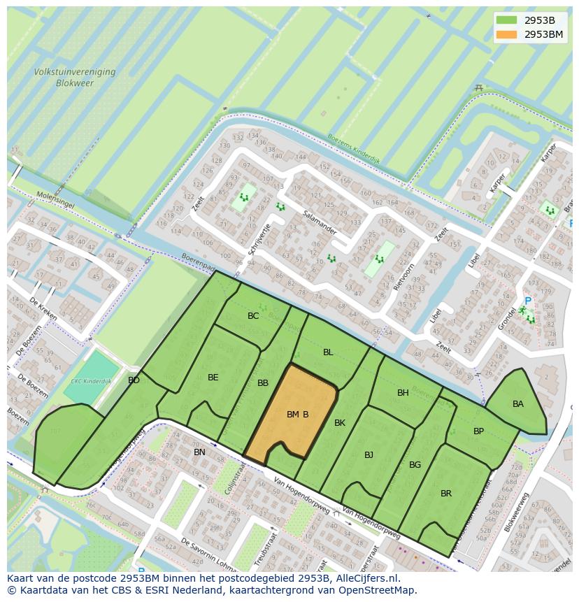 Afbeelding van het postcodegebied 2953 BM op de kaart.