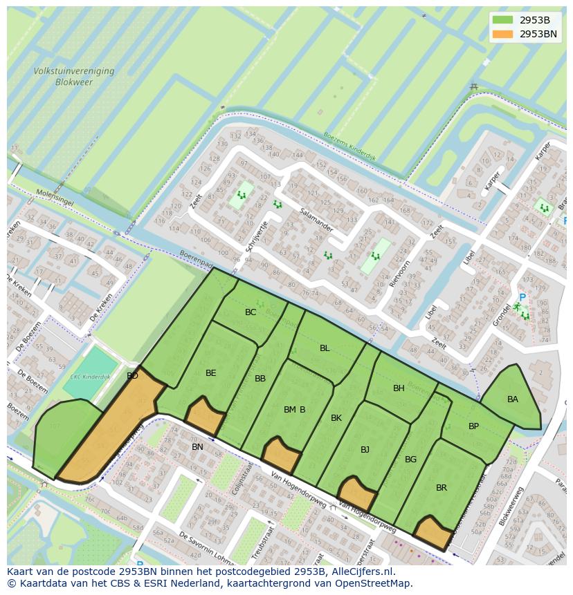 Afbeelding van het postcodegebied 2953 BN op de kaart.