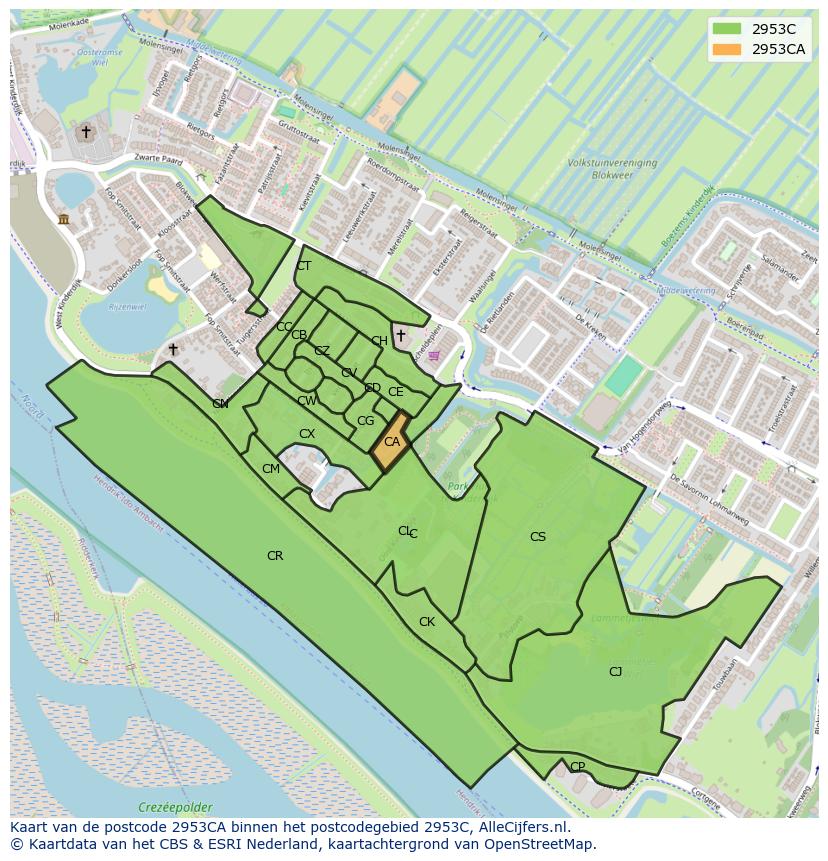Afbeelding van het postcodegebied 2953 CA op de kaart.