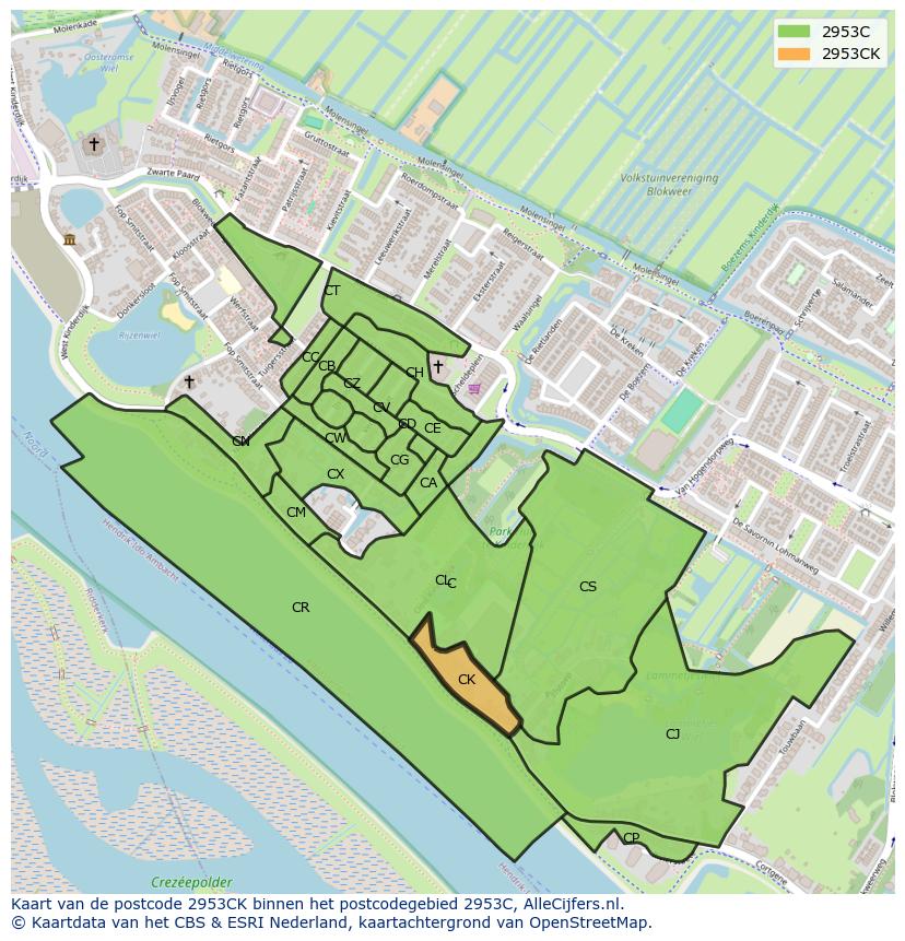 Afbeelding van het postcodegebied 2953 CK op de kaart.