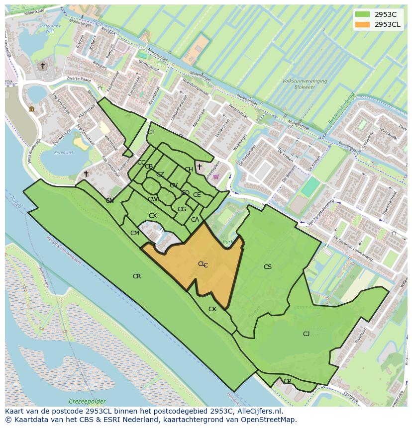 Afbeelding van het postcodegebied 2953 CL op de kaart.