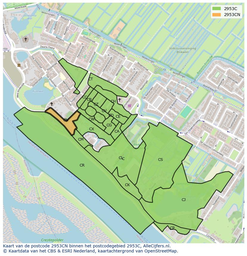 Afbeelding van het postcodegebied 2953 CN op de kaart.