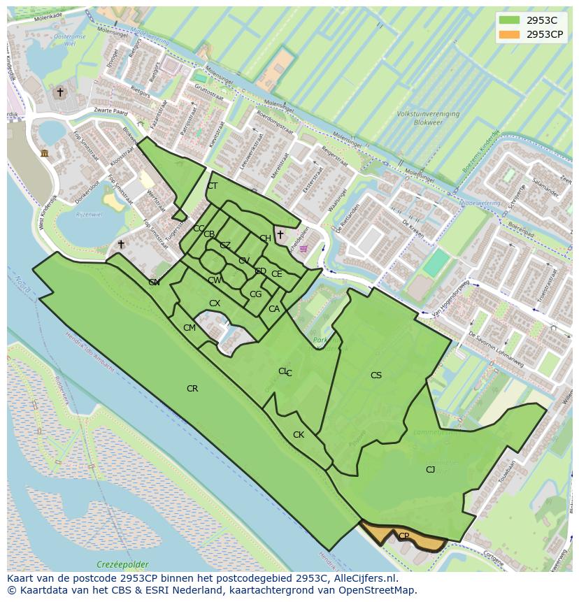 Afbeelding van het postcodegebied 2953 CP op de kaart.