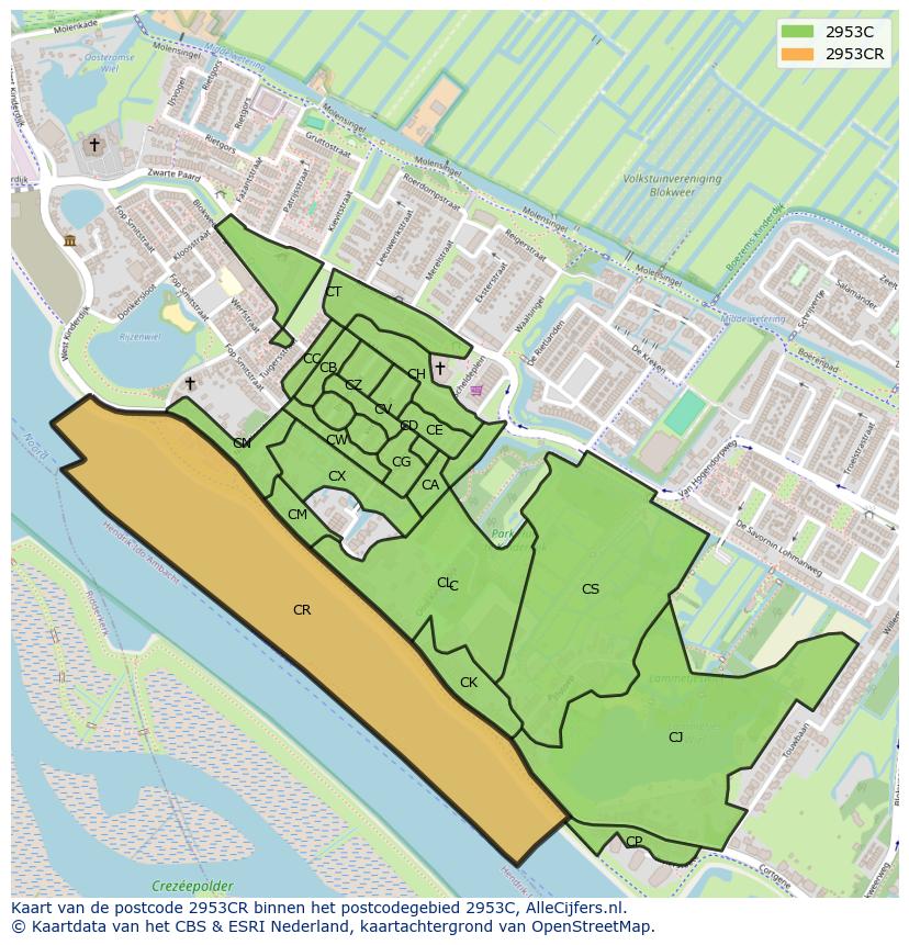 Afbeelding van het postcodegebied 2953 CR op de kaart.